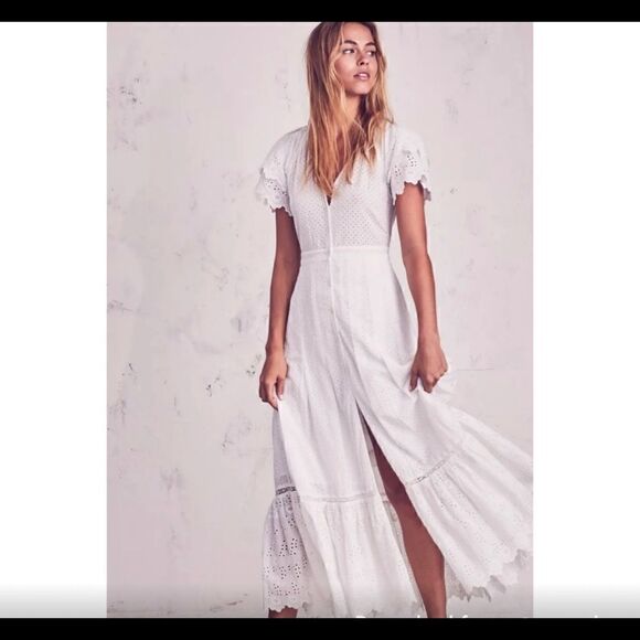 LOVESHACKFANCY Jodie Eyelet Ruffle White Dress $695 Size 4 Button Down - Picture 2 of 16